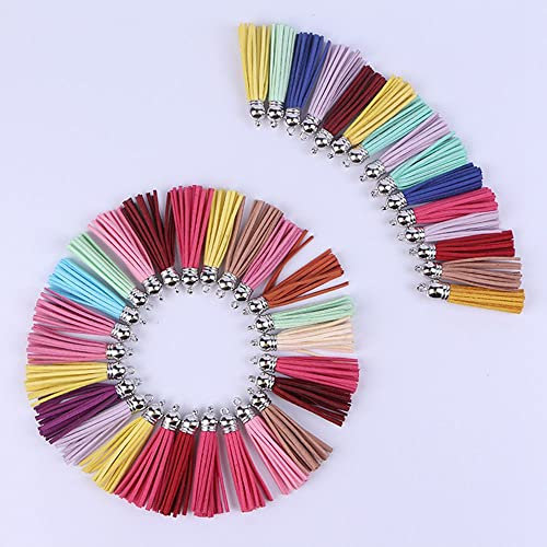50Pcs 5cm Quaste AnhäNger Troddel Leder Quaste Quasten Dekoration Leder Quaste Bunt Mini Quasten mit Goldkappe Schlüsselanhänger Kette für DIY Handwerk