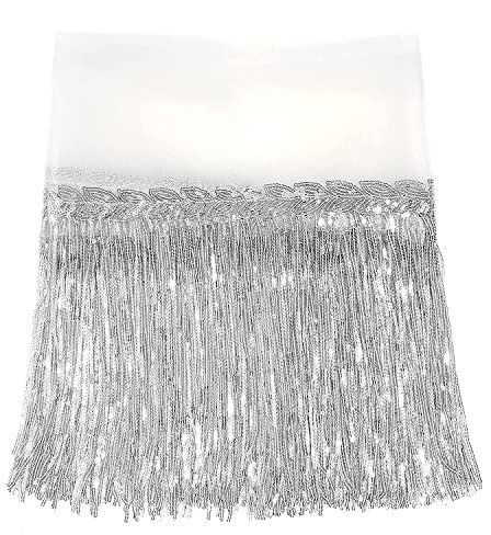 WANYIG 5 Yards Länge 20CM Breite Fransenborte Geschnitten Quaste Seide Pailletten Fransen Quastenbesatz Nähzubehör para Trimmen Apparel/Bühnenkleider/Vorhänge DIY Decoración (Silber)