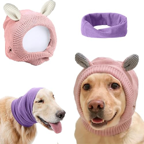 Quiet Ears for Dogs - Anxiety Barking Ear Covers, Muffs, Snood for Noise Protection - 2PCS Hearing Earmuffs, Fireworks Anti-Anxiety Hat for Large Dogs (Purple & Pink)