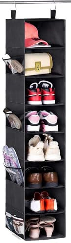MISSLO 8-Shelf Hanging Shoe Rack Wardrobe Shoe Storage Organiser with Side Mesh Pockets for Handbags Clothes Hat Organizer, Black