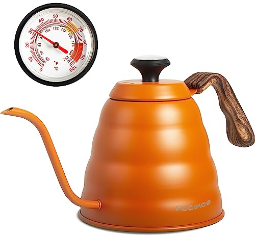 Gooseneck Kettle with Thermometer for Pour Over Coffee & Tea, 1.2L Stovetop | 304 Stainless steel,wood-grain handle, smooth controlled pouring and temperature monitoring for home, coffee bar and camping