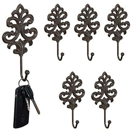 Relaxdays Garderobenhaken, 6er Set, Gusseisen, antikes Design, Haken je HxBxT: ca. 17 x 8,5 x 4,5 cm, Wandhaken, braun