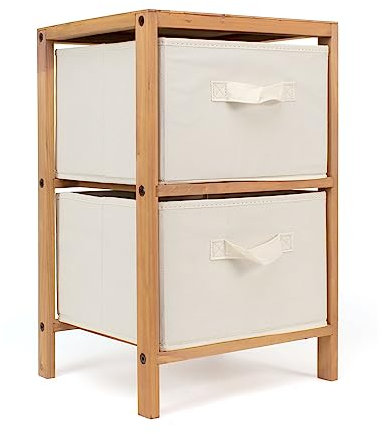 THE SECRET HOME - Mueble Auxiliar de Madera - Cajonera de 2 Cajones en Madera y Tela – Color Marrón y Beige - Mueble Organizador para Baño, Cocina, Salón, Dormitorio