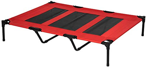 PawHut Cama Elevada para Perros Gatos Portátil Cama para Mascotas con Zona de Malla Transpirable y Tela Oxford para Interior Exterior 122x92x23 cm Rojo