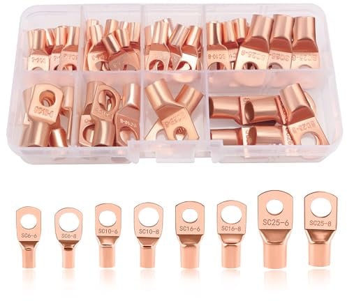 YIXISI 60 Pezzi M6/M8 Ring Terminali Connettori Kit, Capicorda Cavo Batteria, Capicorda Elettrici ad Anello di Rame, per Cavo Elettrico, Dorato