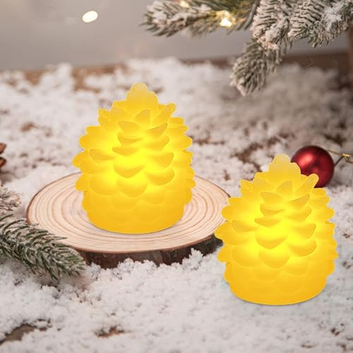 2 Stück Weihnachtsdeko Tannenzapfen LED Kerzen, 3D Tannenzapfen -Imitat Flammenlose Kerzen, Batteriebetrieben LED Tannenzapfen Kerze für Weihnachten Dekoration, Heimdekoration, Tischdeko (Beige A*2)