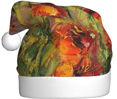 JAYWIS Weihnachtsmütze mit Ölgemälde, roter Blumendruck, für Erwachsene, Unisex, Samt, Weihnachtsmann, Weihnachtsmütze, Urlaub für Erwachsene, für Neujahr, festliche Partygeschenke