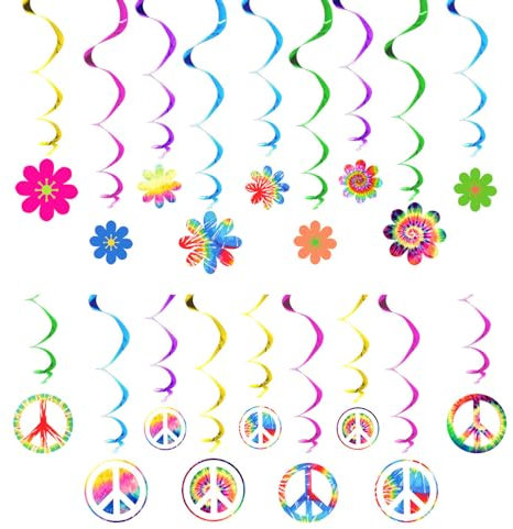36 Stück 60er Jahre Hippie Thema Party Folien Wirbel Dekorationen, 60er Jahre Groovy Party Retro Blumen Ausschnitte Friedenszeichen Hängende Wirbel Decken Dekorationen