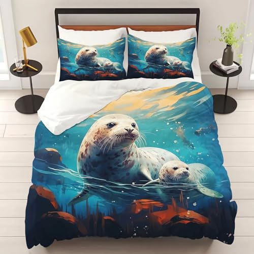 WEQEER Seehund Bettwäsche 135x200 Niedliche Robben Tiere 3D Bedruckte Bettbezug Set Microfaser Bettwäsche + 2 Kissenbezug für Kinder Jungen Mädchen (8,Single 135x200CM)