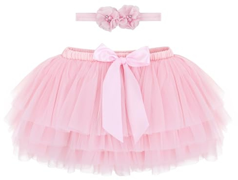 ANIMQUE Bebè Bambine Ragazze Gonna tutù Gonna Principessa Mini Strati Super Morbido 2-3 Anni Tulle Gonna Elastico in Vita Balletto Gonne Corte con Copri Pannolino + Fascia, Rosa Chiaro XL