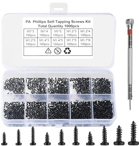 Ronoza 1000 Stück Mini Selbstschneidende Schrauben Set, Kleine Schrauben Sortiment Set M1/M1.2/M1.4/M1.7 mit Schraubendreher, Schraubenset Für Brillen, Uhren, Telefone, Kameras, Laptops usw