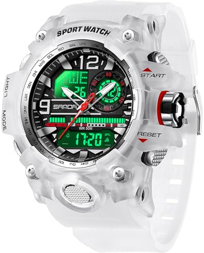 findtime Militär Große Armbanduhr Herren Uhren Analog Digitaluhr 5 ATM wasserdichte Outdoor Taktische Sportuhr mit Wecker Datum 12/24H LED Stoppuhr für Männer Jungen Weiß Transparent