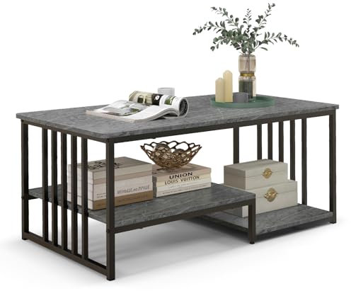 LIFEZEAL Couchtisch Marmor, Wohnzimmertisch mit 2 offenen Ablagen, Sofatisch mit Metallrahmen, rechteckiger Kaffeetisch für Wohnzimmer, Büro, 110x60x45cm, Max. 90kg, Grau