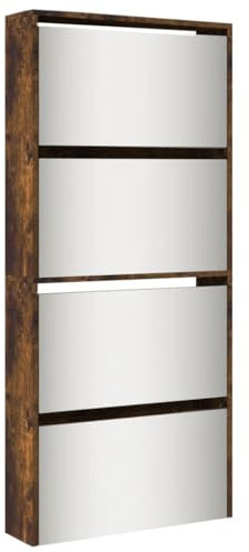 vidaXL Schuhschrank, Schuhkipper mit Spiegel 4 Fächern, Schuhregal Schuhablage für Eingangsbereich Flur Wohnzimmer, Schuhkommode Schuhaufbewahrung, Räuchereiche