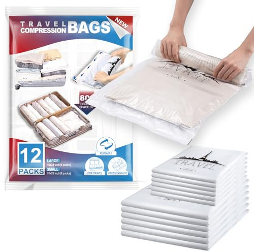TAILI Vakuumbeutel für Kleidung Reise 12 Stück in 2 Größen 70x45 CM, 60x40 CM Vakuumbeutel Set Wiederverwendbar und Leicht zu Tragen Vakuumierbeutel für Reisen, Rucksack zum Rollen Breiter Rand