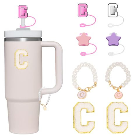 Letter Stanley Straw Cover 2Pcs Dustproof 10mm Straw Cover for Stanley Cup Accessories Include 2pcs Personalized Name ID A-Z Pearl Hangings Letter Stickers(C)