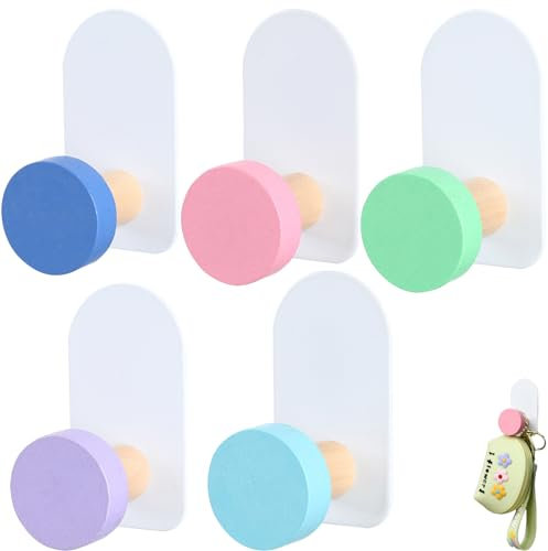 Babbblisio 5 PCS Sticky Hooks - Self Adhesive, Extra Strong Kids Coat Hooks - Wall Mounted, Versatile - Macaron Round