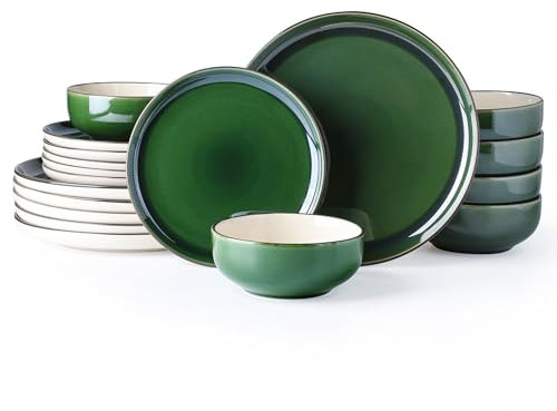 GBHOME Ceramic Dinnerware Sets for 6, 18-Piece Stoneware Plates and Bowls Sets, Emerald Green Chip and Scratch Resistant Dishes, Dishwasher & Microwave Safe