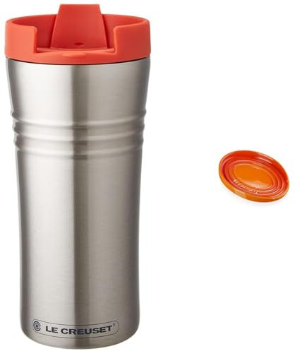 Le Creuset Travel Mug, Stainless Steel, Vacuum Sealed, 8.5 cm, 18 cm Tall, 0.35 L, Volcanic, 98800000090080 & Stoneware Oval Spoon Rest Volcanic, 71507150900099