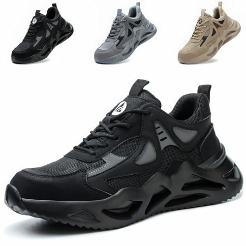 Safety Trainers Men Steel Toe Cap Trainers Womens Safety Shoes Lightweight Breathable Work Trainers Non Slip Industrial Work Boots, Black, UK 10