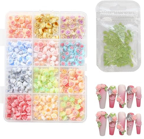 KASESSS Blumen Nagel Charms, 3D Rosen Nagel Charms, Flower Nail Art Charms mit Perlen und Blätter, 12 Farben Nagelschmuck, Nail Charm für Mädchen Frauen DIY Nailart Dekoration Zubehör