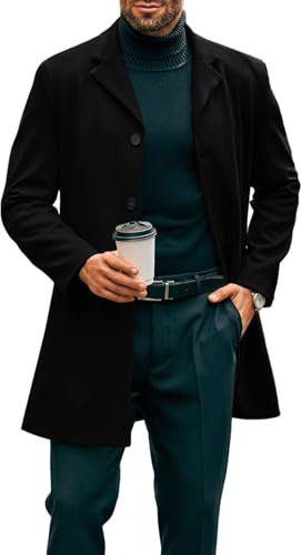 Runcati Cappotto lungo da uomo Trench Slim Fit Inverno collo tacca Giacca Monopetto Business Overcoat, Nero, L