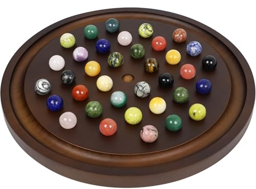 Large Marble Solitaire Board Game Wooden Classic Natural Stone Marbles Solitaire Game Set Containing 36 Colored Natural Stone Marbles Strategy and Smart Games (walnut)