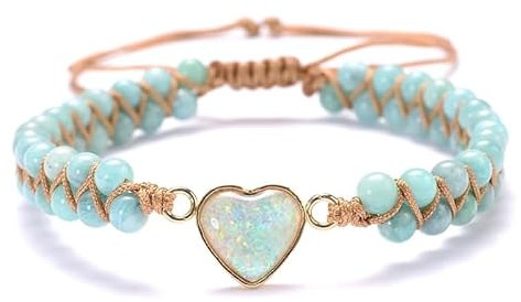 EYHOOKE Beaded Bracelets, Heart-Shaped Opal & Blue Agate, Double Layer Braided Rope, Adjustable, Women's
