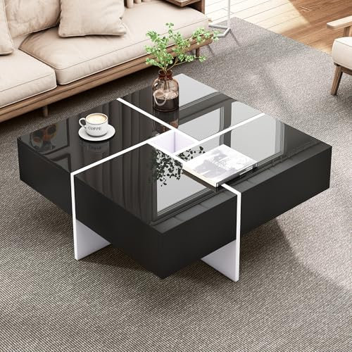 BTM Table Basse Salon Carrée, Table Basse Moderne avec 4 Tiroirs, Table avec Rangement au Milieu, Coffee Table 70x70x35cm, Noir Brillant
