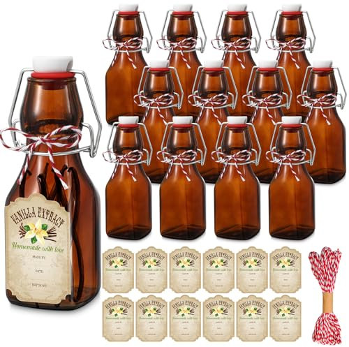 Uiifan 12 Pcs 4 oz Amber Swing Top brown Square Glass Bottles for Vanilla Extract with Caps and Cotton Twines Label Flip Top Glass Bottle for Home Vanilla Brew Oil Beer Tea Supply