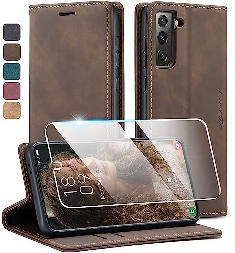 Premium Leder Flip Hülle für Samsung Galaxy S21 5G – [Inklusive kratzfestem Displayschutz] – 360° Rundum-Schutz mit Kartenfächern, Magnetverschluss & Standfunktion (Kaffeebraun, Samsung Galaxy S21)
