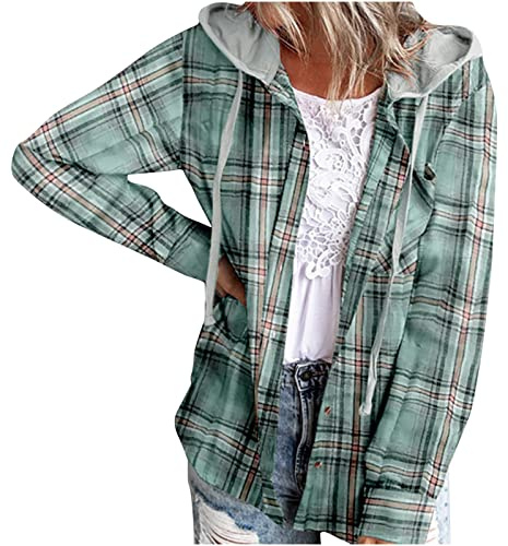 AnnSemo Camisas a Cuadros para Mujer de Botones Casuales Chaqueta con Capucha de Tartán de Otoño Ligera Holgada Blusa a Cuadros Tops Chaqueta-Camisa de Manga Larga de Franela Sudadera con Capucha de