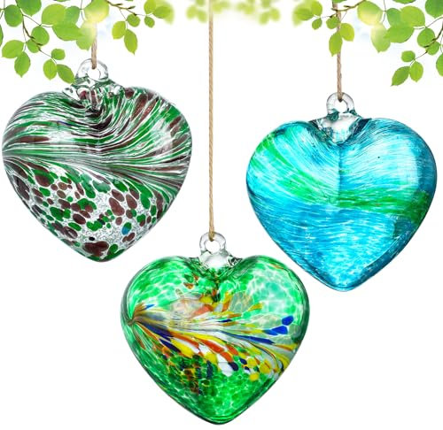 3Pcs Hand Blown Glass Heart Ornaments Christmas Hanging Heart Shaped Hanging Ornaments Handmade Friendship Heart Garden Ornaments Outdoor Decoration (3.9in)