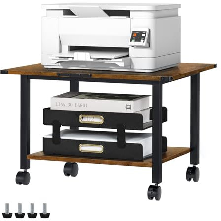 LELELINKY Druckertisch mit Rollen, Mobiler 2-Stöckiger Druckerständer, Druckerhalter mit Arretierbaren Rädern, Druckerwagen für Büro, Fax und Zuhause, 52,5 x 40 x 36 cm, Braun