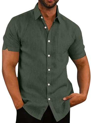 Rodawu Mens Linen Shirts Cotton Short Sleeved Shirts Regular Fit Casual Summer Shirts Lightweight Beach Shirt Green Shirts M