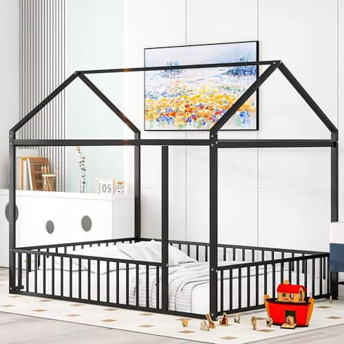 SOFTWEARY Hausbett mit Rausfallschutz, Metallbett, Kinderbett, Doppelbett, Jugendbett aus Metall (schwarz, 140x200 cm)