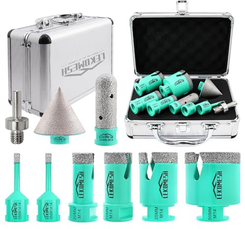 LEKOMESH Tile Hole Cutter Set - (6/6/20/25/35/50mm+20mm Finger Bit+50mm Chamfer Bit+Triangle Shank Adaptor) Diamond Tile Hole Saw Kit for Porcelain Ceramic Marble Brick Concrete,M14 Thread