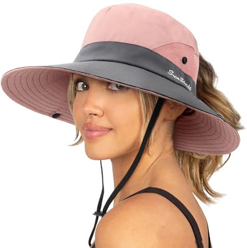 DRESHOW Mujer Sol Sombrero Al aire Libre UV Protección Sombrero Plegable Ala Ancha Pesca Ponytail Playa Bucket Sombreros