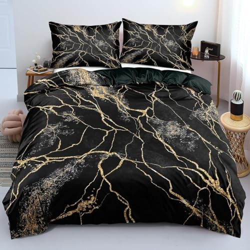 Luowei Bettwäsche 135x200 cm 4tlg Marmor Schwarz Gold, Mikrofaser | Oeko-TEX Atmungsaktiv Bettwäsche Set Modern Ästhetisches Design Bettbezug mit Reißverschluss und 2 Kissenbezüge 80x80cm