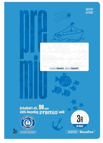Staufen premio Schulheft - Heft mit 16 Blatt, 10 Stück, DIN A5, Lineatur 3R (14 Doppellinien mit Rand), 90 g/m² Recyclingpapier