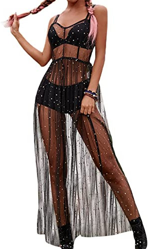 LYSINK Women Sexy See Through Pearl Rhinestone Cover Up Dress Bikini Long Sleeve Bathing Suit Coverups Swimwear Beach Dress (Ba Black, M)