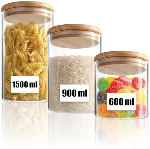 com-four® 3-teiliges Vorratsdosen-Set mit Bambus-Deckel, Luftdichte | 0,6L / 0,9L / 1,2L