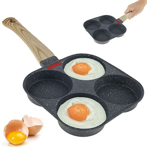 RHAIQBVC Non-Stick Frying Pan with 4 Hole Mini Egg Cooker Omelet Skillet with Wooden Handle Multi Pancake Aluminum Fried Egg Burger Pan for Breakfast Home Kitchen Cooking (Black I)