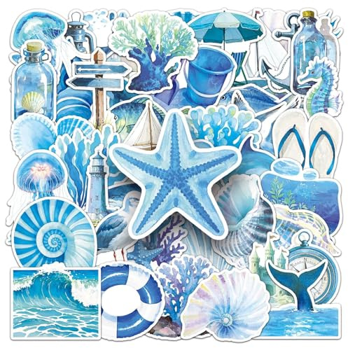 AUCEKO 50 Stück Meerestiere Aufkleber Pack Ozean Blau Sticker Set wasserdichte Vinyl Sticker für Laptop Kinder Autos Motorrad Fahrrad Skateboard Gepäck Koffer Computer Aufkleber Graffiti Decal