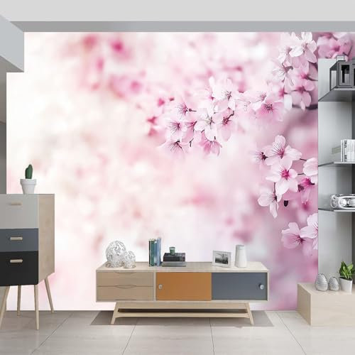Fototapete 250 x 175 cm Hellrosa Kirschblüten Motiv, Vliestapete Blumen Wandtapete, Panorama Natur Wandbild für Schlafzimmer & Wohnzimmer Deko