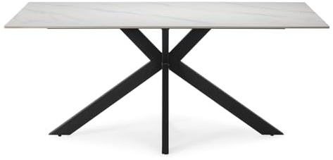 PEGANE Table à Manger, Table de Repas rectangulaire en céramique Coloris Blanc, Pieds en métal Noir - Longueur 180 x Profondeur 90 x Hauteur 76 cm