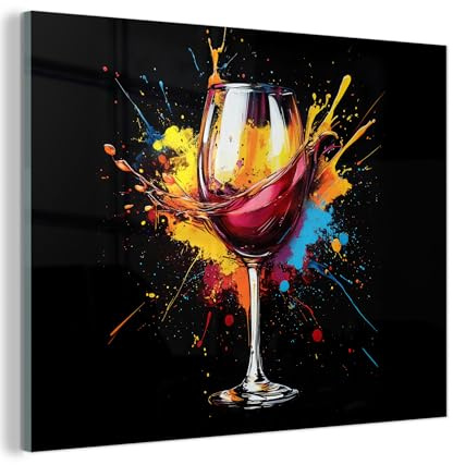 MuchoWow© Glasbilder Wanddeko Wohnzimmer Aesthetic Room Decor Deko Zimmer | 80x60 cm - Wandbilder Modern Bild auf Glas Wein - Graffiti - Aperitif - Rot - Farbe