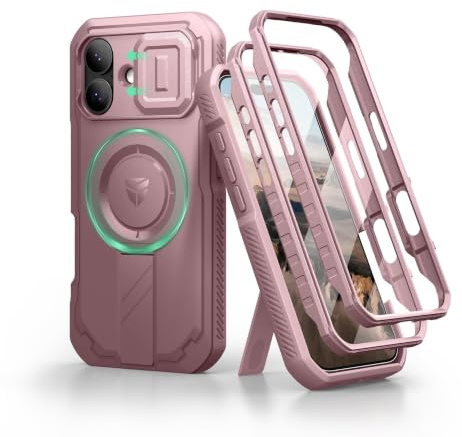 Dexnor for iPhone 17 Case with Slide Camera Cover & Adjustable Kickstand & Built-in Screen Protector, Rugged Shockproof Bumper Cases Heavy-duty Magnetic Protective Cover - Pink