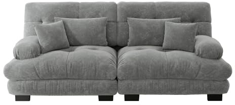 Cloud Ecksofa für Wohnzimmer, Chenille Doppelsofa mit 2 Lendenkissen und 2 Dekokissen, Massivholzrahmen, Chenille Grau