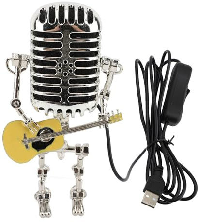 Sunicon Vintage Mikrofon Gitarre Roboter Tischlampe, Aluminium Retro Metall Roboter Nachtlicht für Schlafzimmer Schreibtisch Home Decor (Gelb)